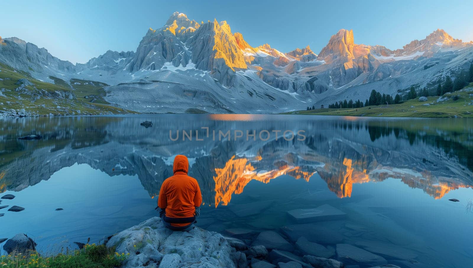 A person is relaxing on a boulder by a tranquil lake with majestic mountains and a clear blue sky in the natural landscape, enjoying the peaceful view