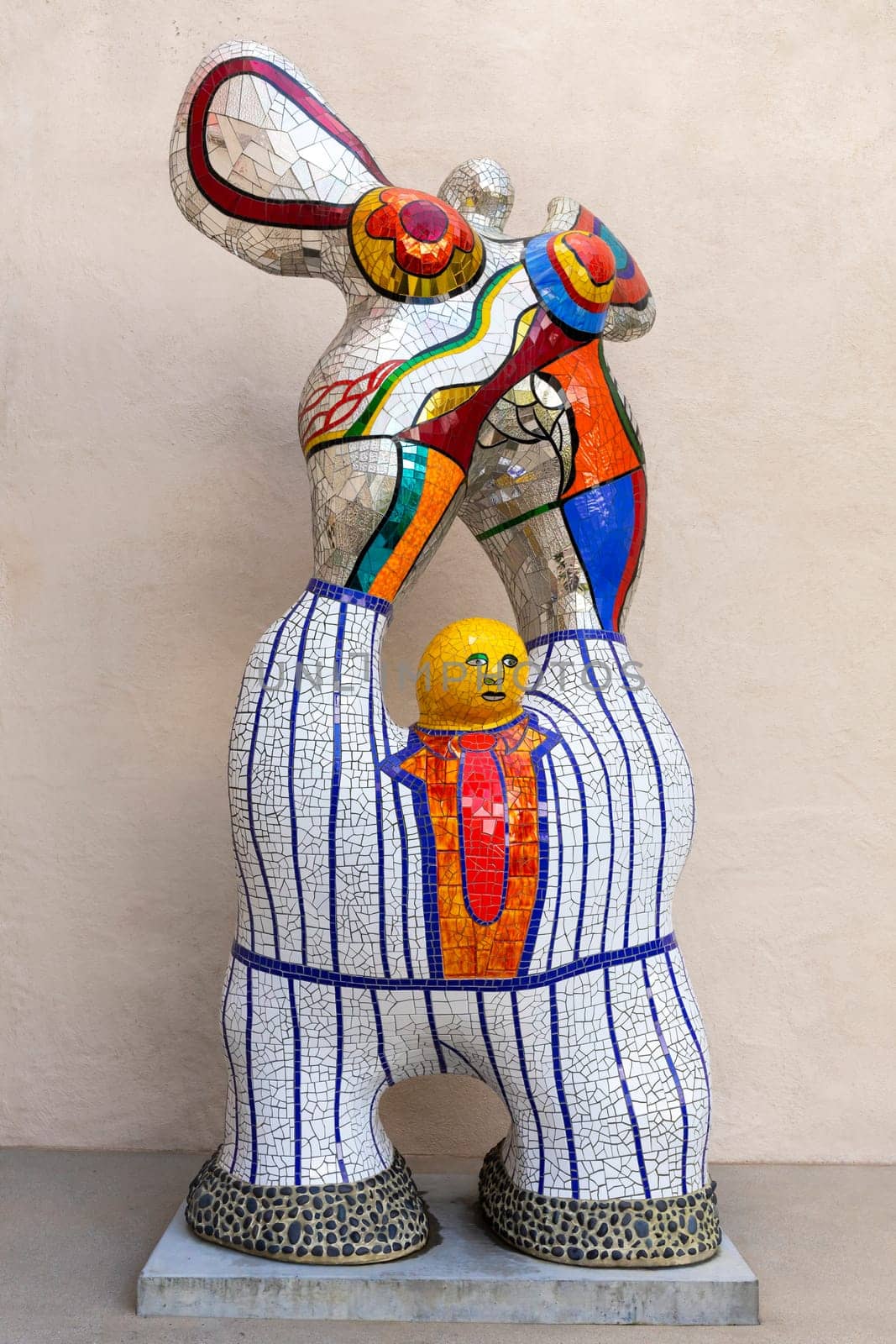 Colorful Mosaic Sculpture Poet and Muse Near Mingei Museum, Balboa Park Created By French American Sculptor Niki De Saint Phalle. Vertical Plane. San Diego, Usa. March 13th, 2024 by netatsi