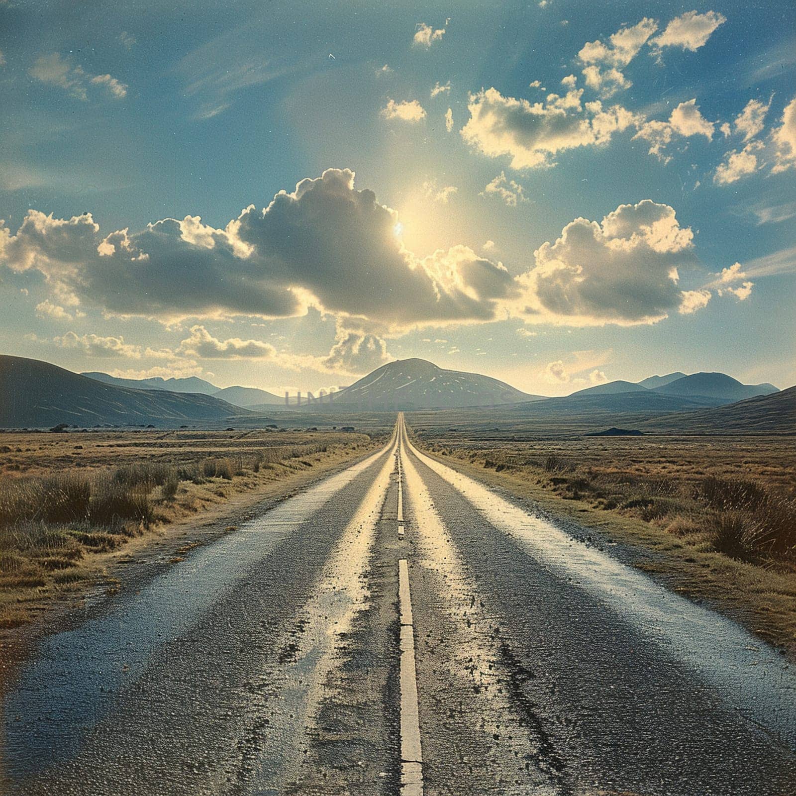 An open road stretching into the horizon flanked by natural scenery by Benzoix