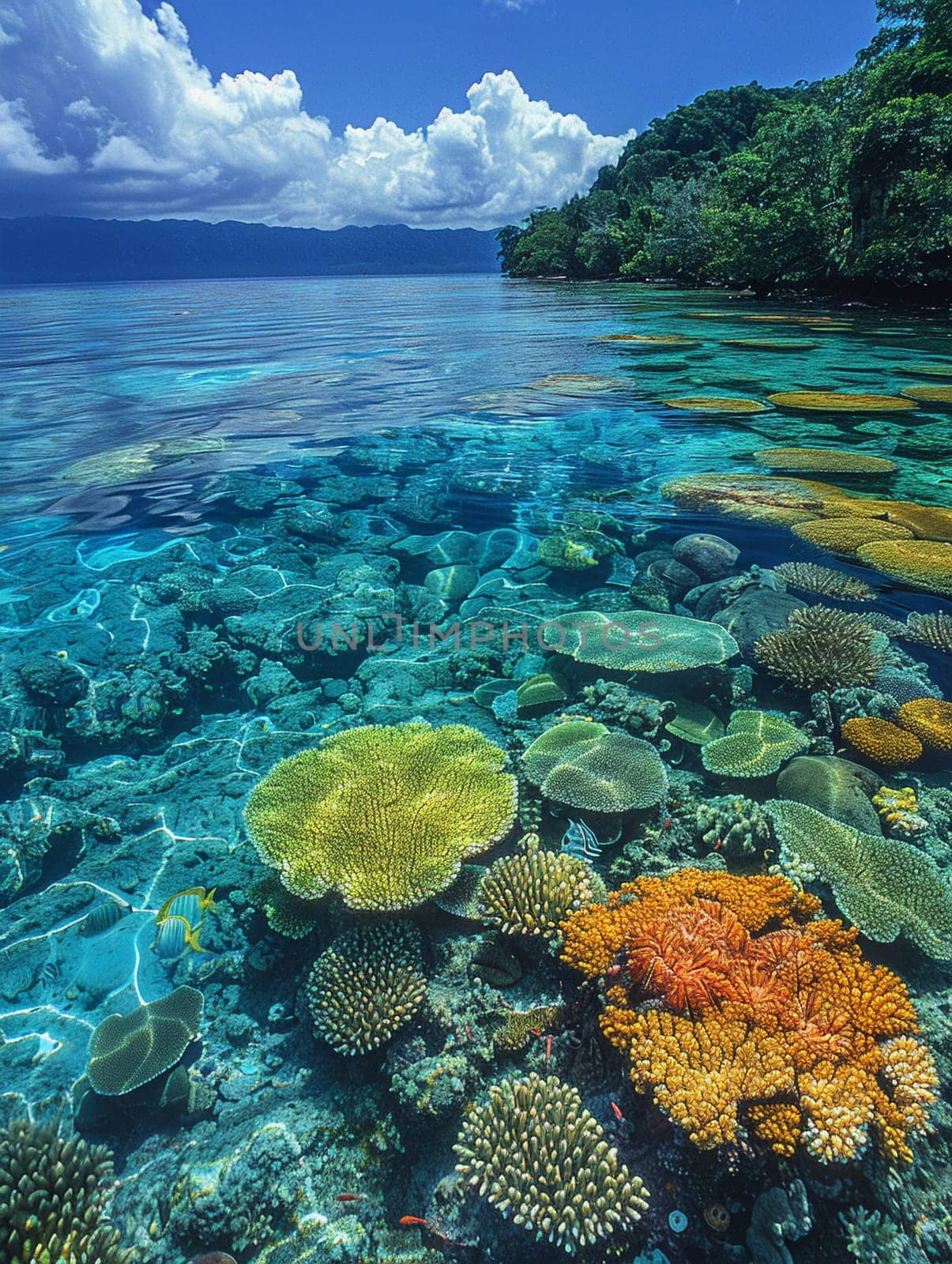 Shallow coral reef with clear water above, capturing tropical marine ecosystems.