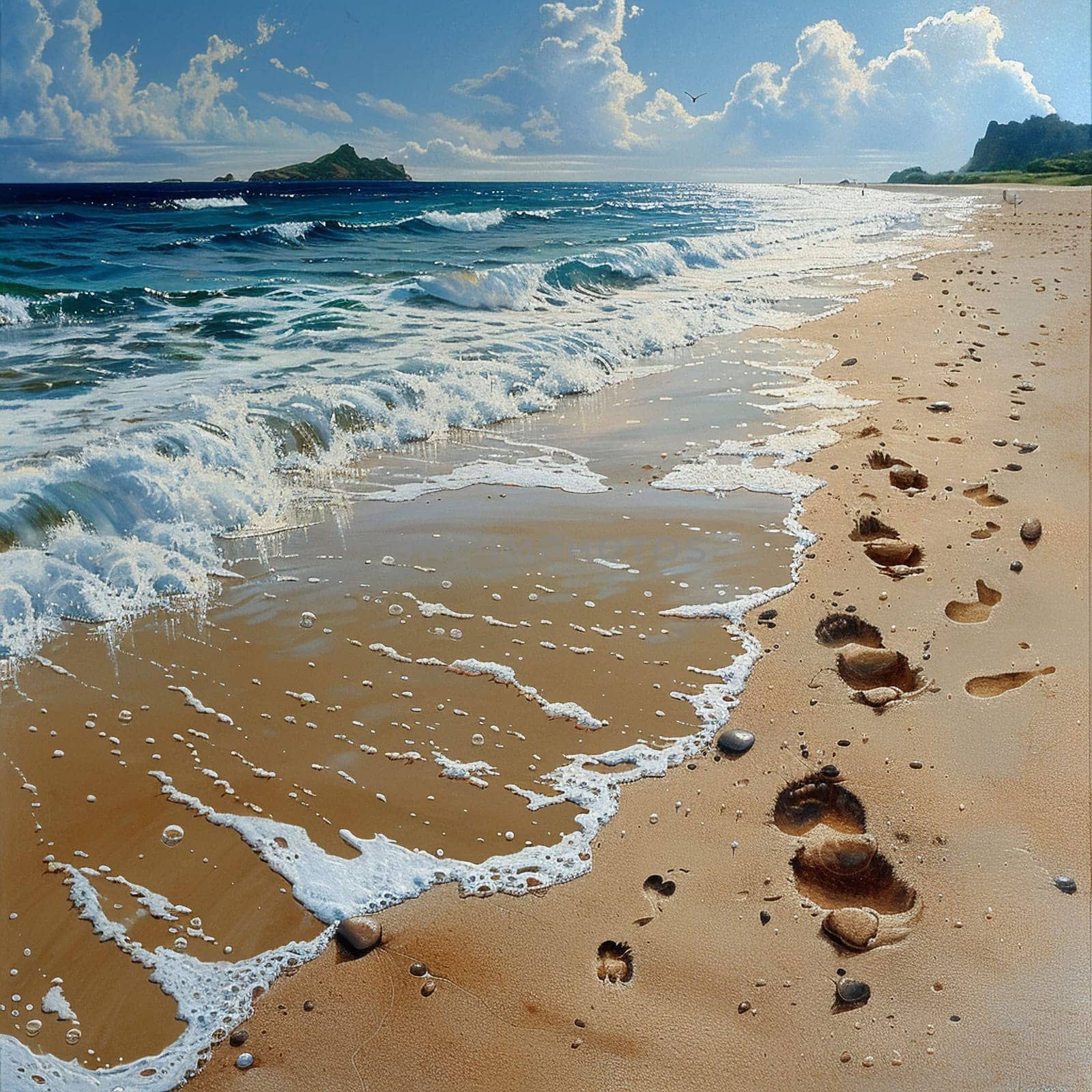 Gentle footprints in the sand leading towards the ocean, symbolizing journey and exploration.