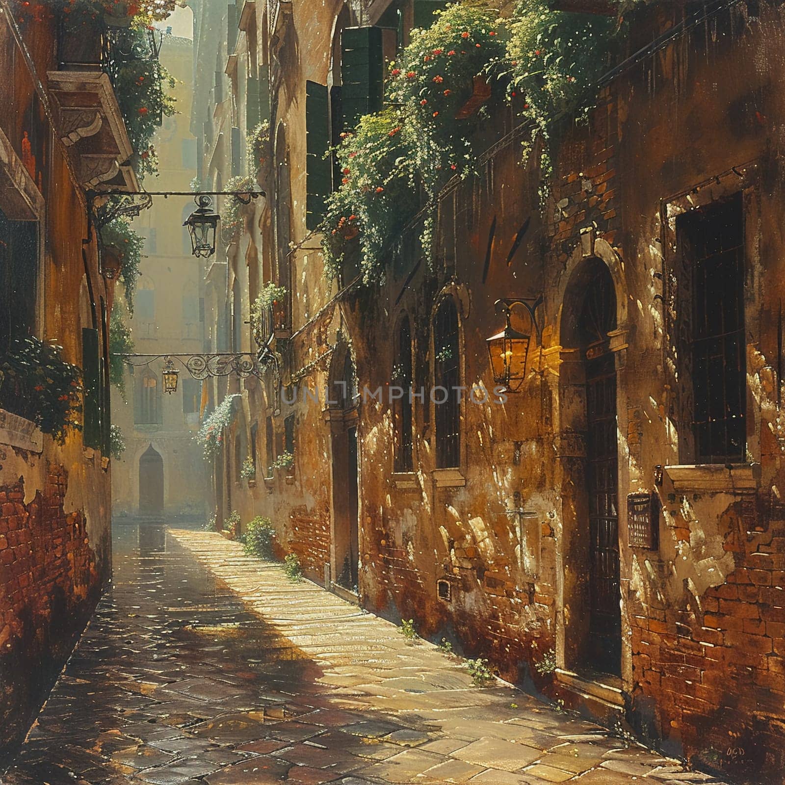 A narrow alley bathed in warm sunlight, flanked by historic buildings, evoking curiosity and exploration.