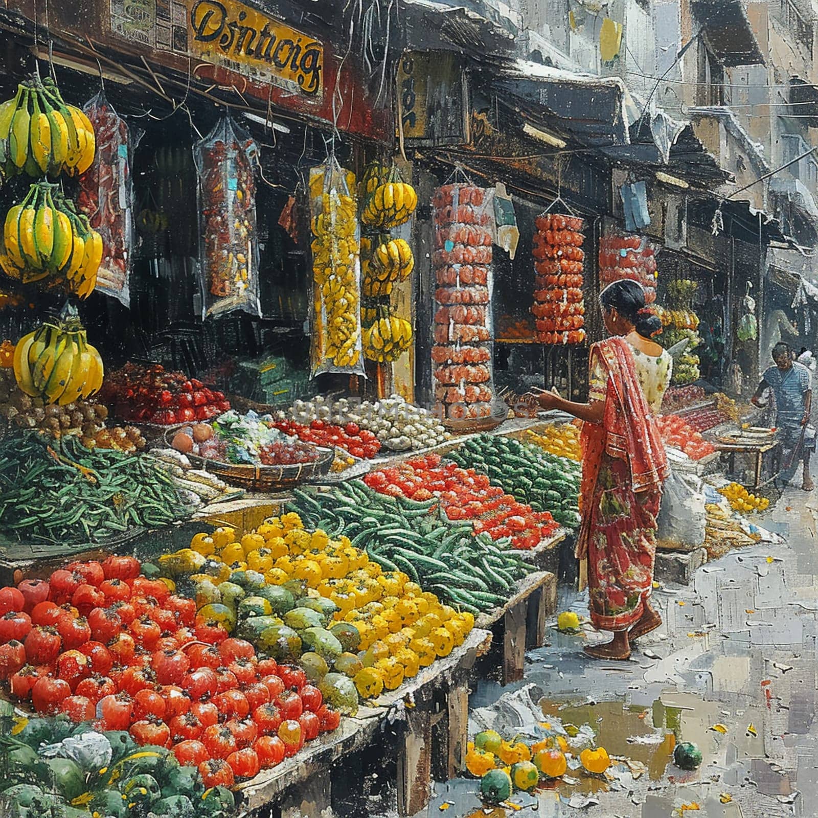 The vibrant hustle of a street market, captured in the colors and textures of goods.