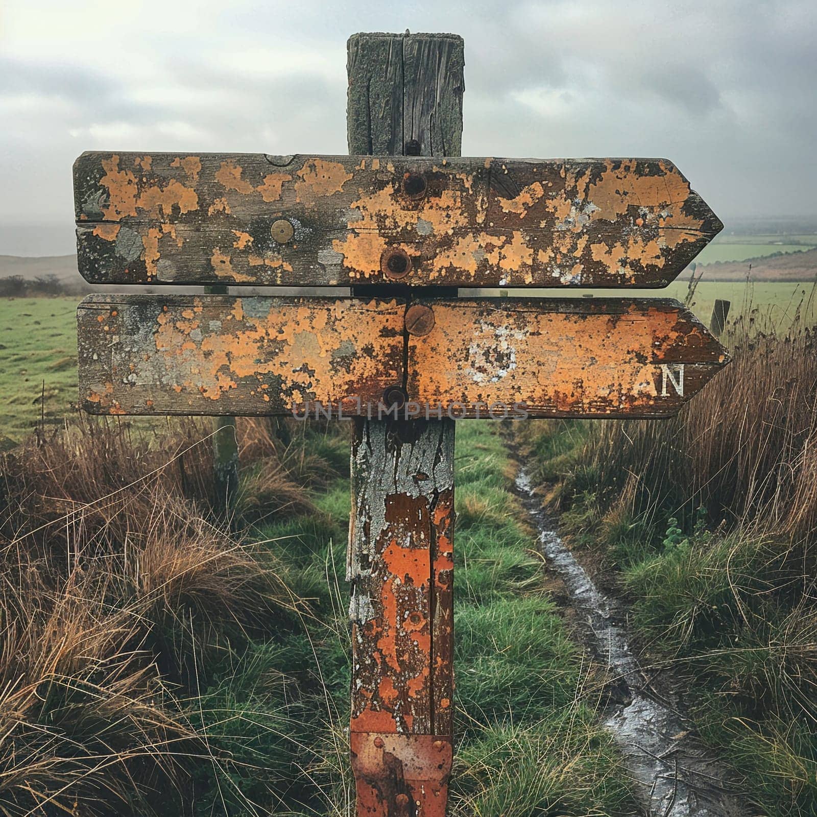 A weathered wooden signpost in a rural setting, pointing in multiple directions, evoking choice and adventure.