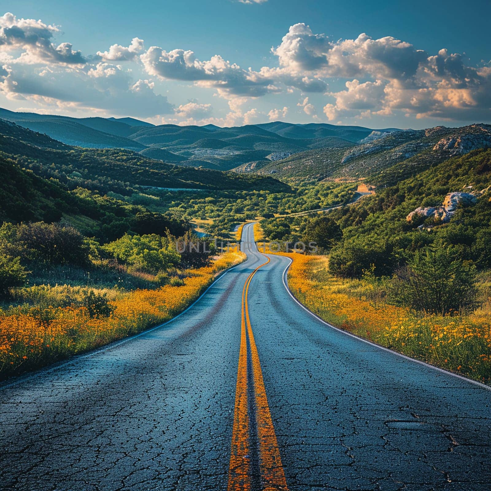 An open road stretching into the horizon, flanked by natural scenery, evoking adventure and possibility.