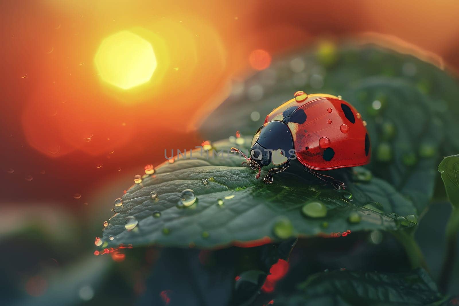 beautiful ladybug on leaf in the morning with the sun in the background.