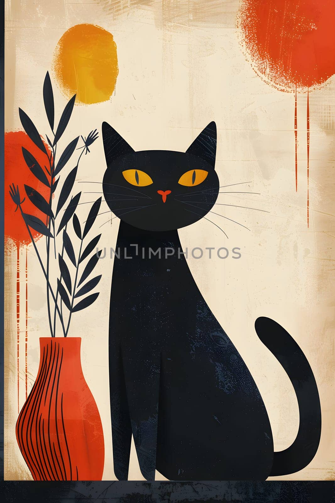 a black cat is sitting next to a vase of flowers by Nadtochiy