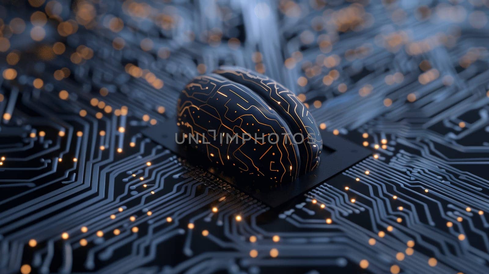 Human brain with circuit board of artificial intelligence, abstract Ai brain in black and white by nijieimu