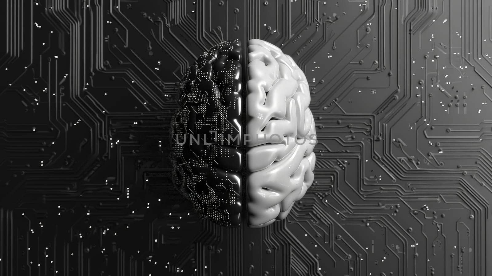 Human brain with circuit board of artificial intelligence, abstract Ai brain in black and white by nijieimu