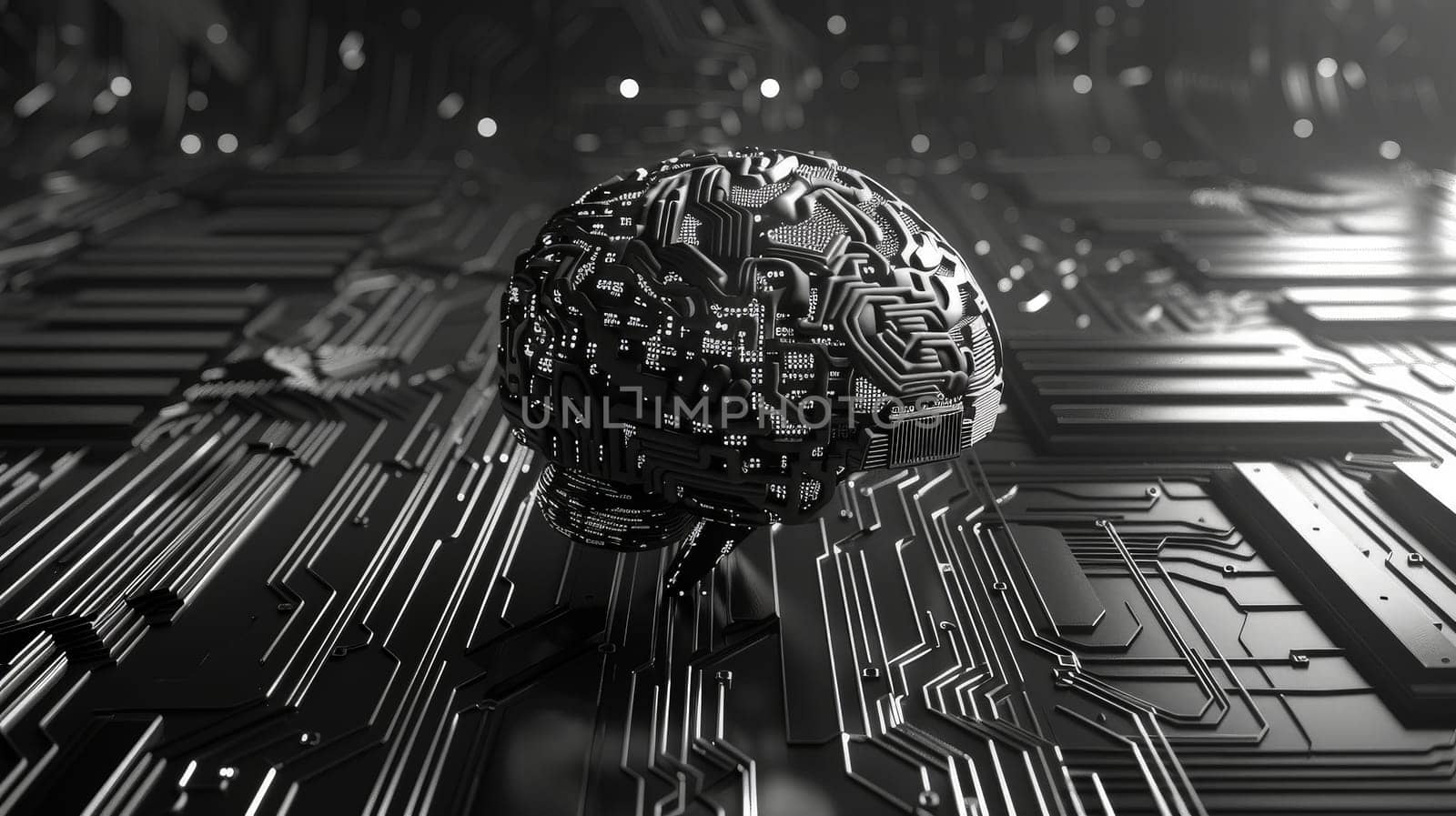 Human brain with circuit board of artificial intelligence, abstract Ai brain in black and white by nijieimu