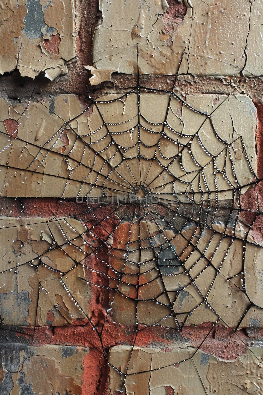 Glistening raindrops on a spider web capturing the intricacy and beauty of nature. Old brick wall with peeling paint by Benzoix