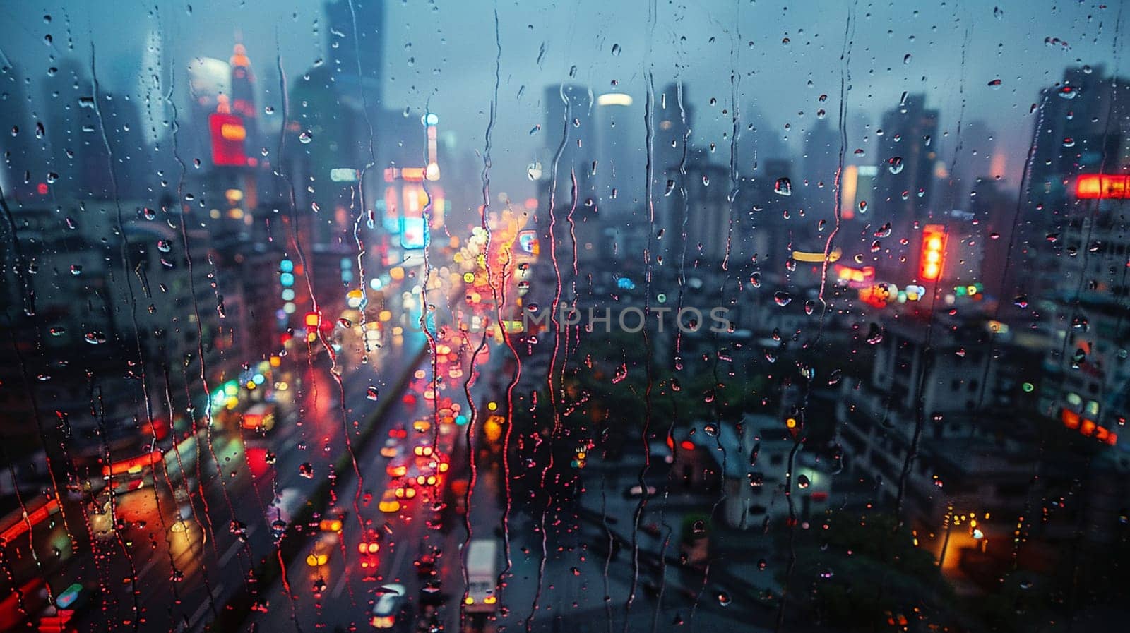 A cityscape seen through a rain-soaked window, creating a dreamy and abstract view.