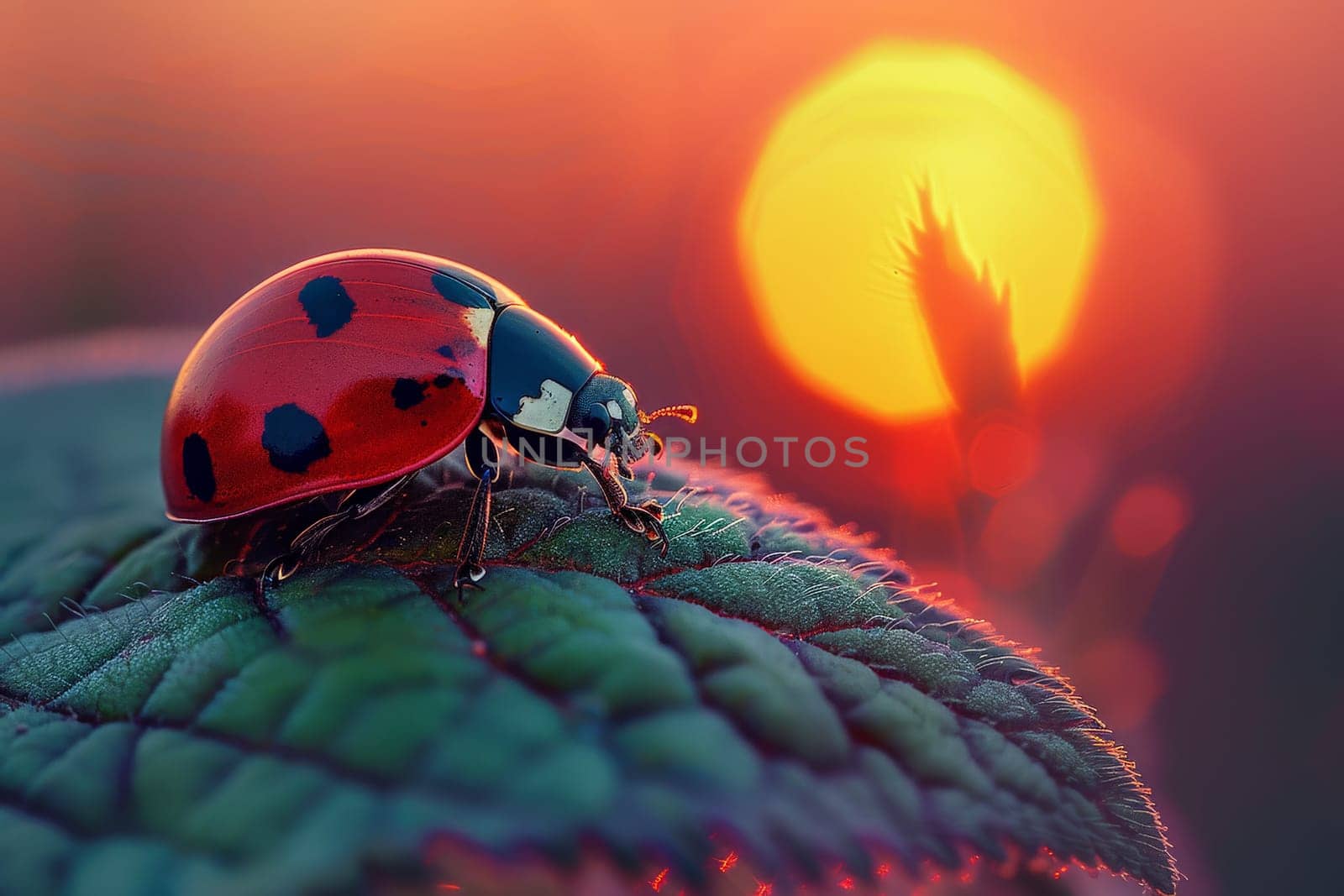 beautiful ladybug on leaf in the morning with the sun in the background.