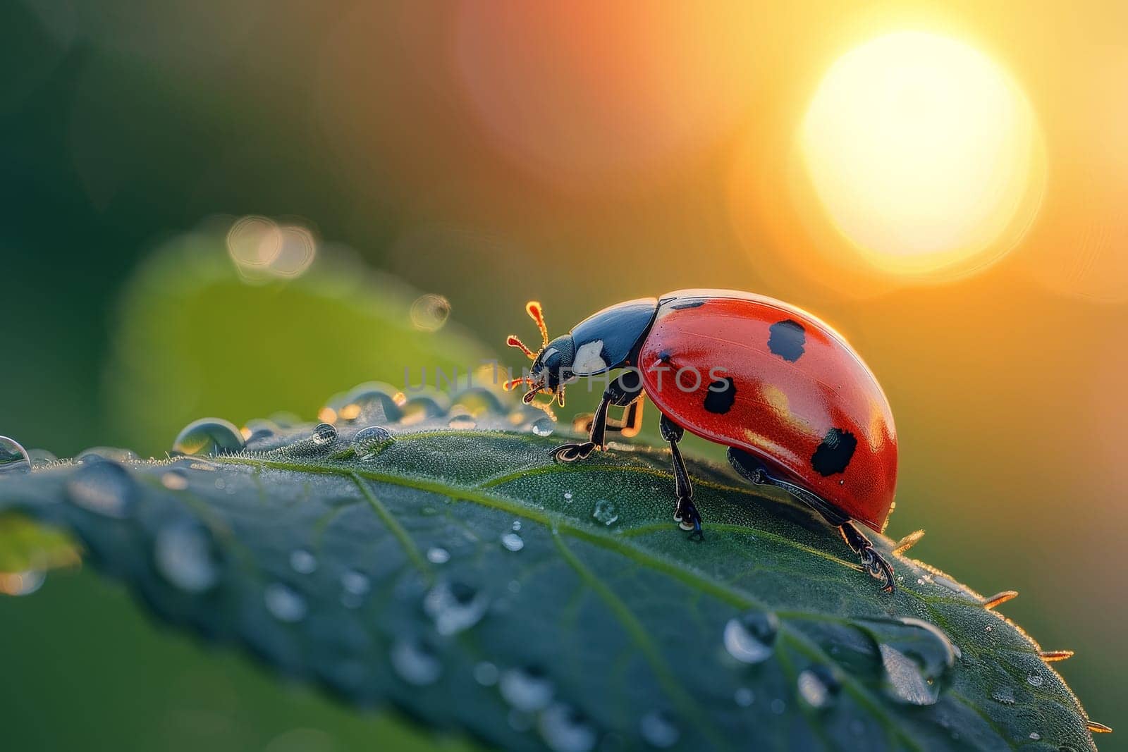 beautiful ladybug on leaf in the morning with the sun in the background by nijieimu