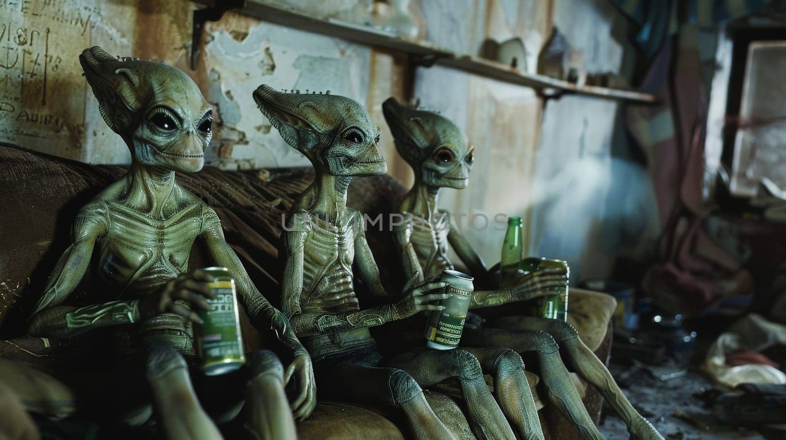 alien creatures lounging on a sofa and holding drinking, Cinematic scene by nijieimu