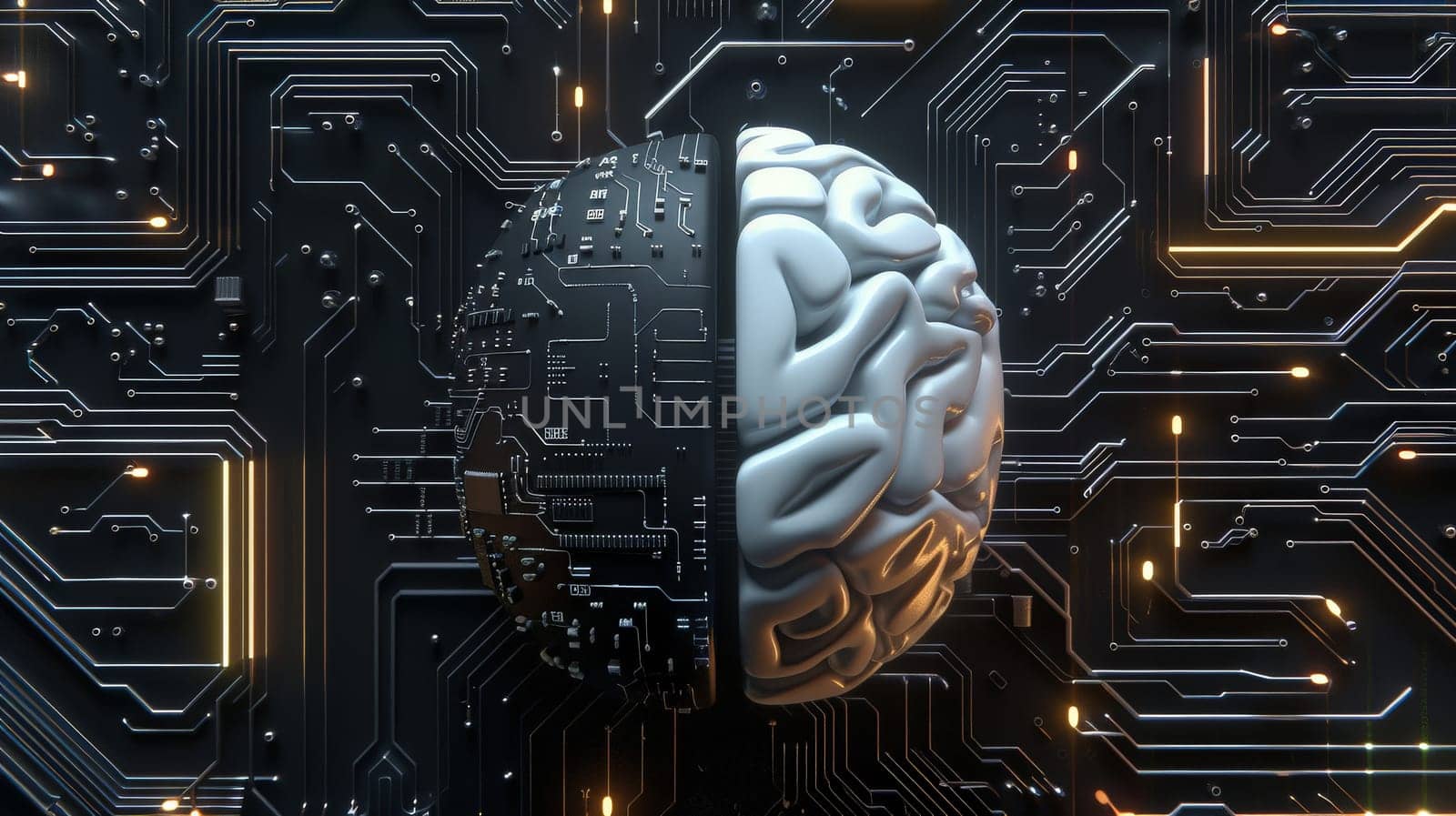 Human brain with circuit board of artificial intelligence, abstract Ai brain in black and white.