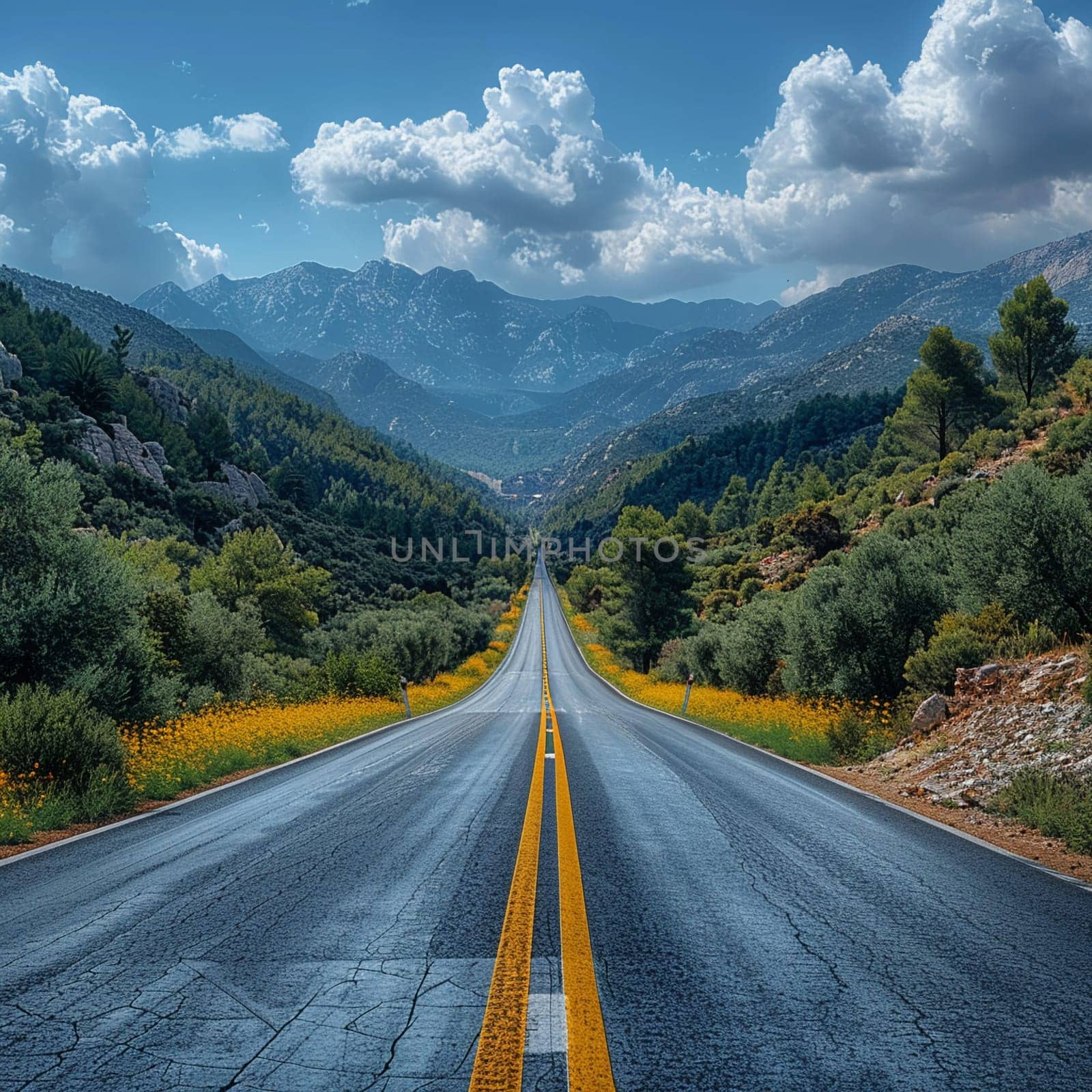 An open road stretching into the horizon flanked by natural scenery by Benzoix