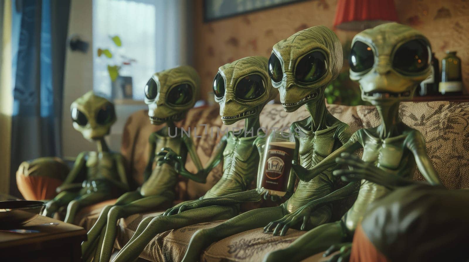 alien creatures lounging on a sofa and holding drinking, Cinematic scene by nijieimu