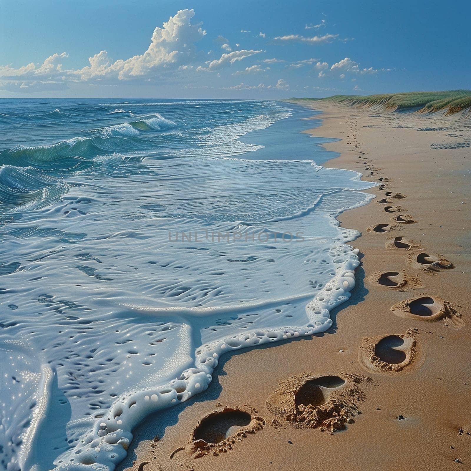 Gentle footprints in the sand leading towards the ocean, symbolizing journey and exploration.