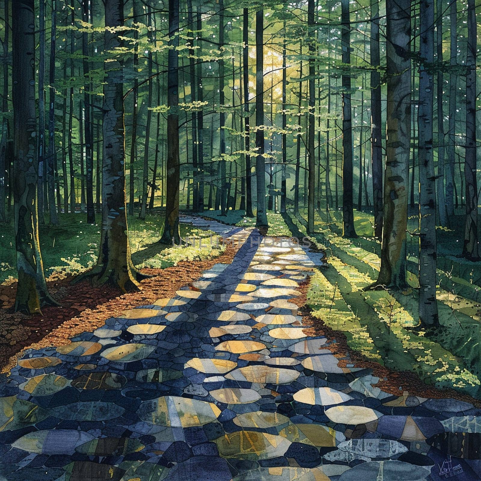 Shadows cast by a forest canopy on a woodland floor, creating a natural mosaic of light and dark.