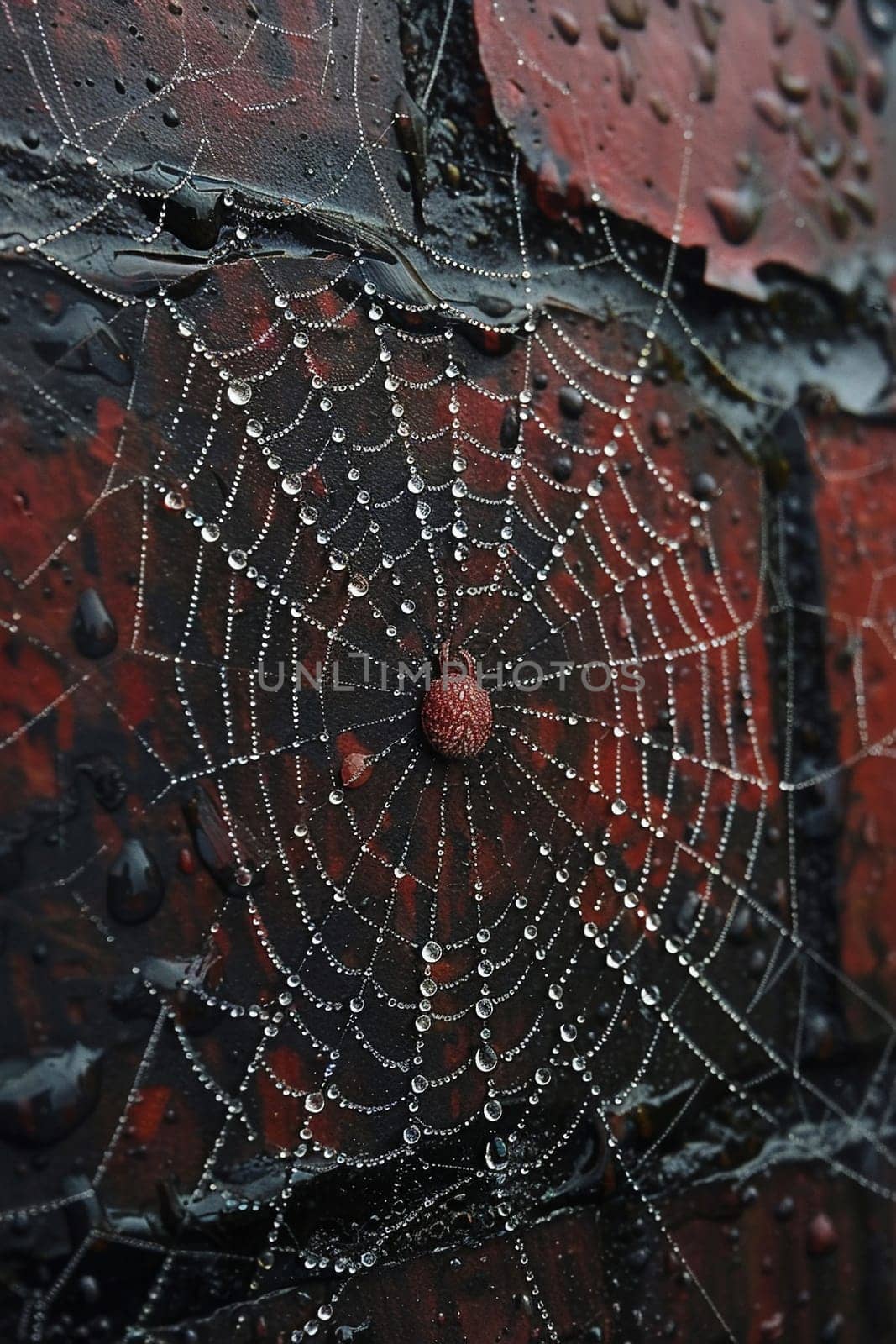 Glistening raindrops on a spider web capturing the intricacy and beauty of nature. Old brick wall with peeling paint by Benzoix