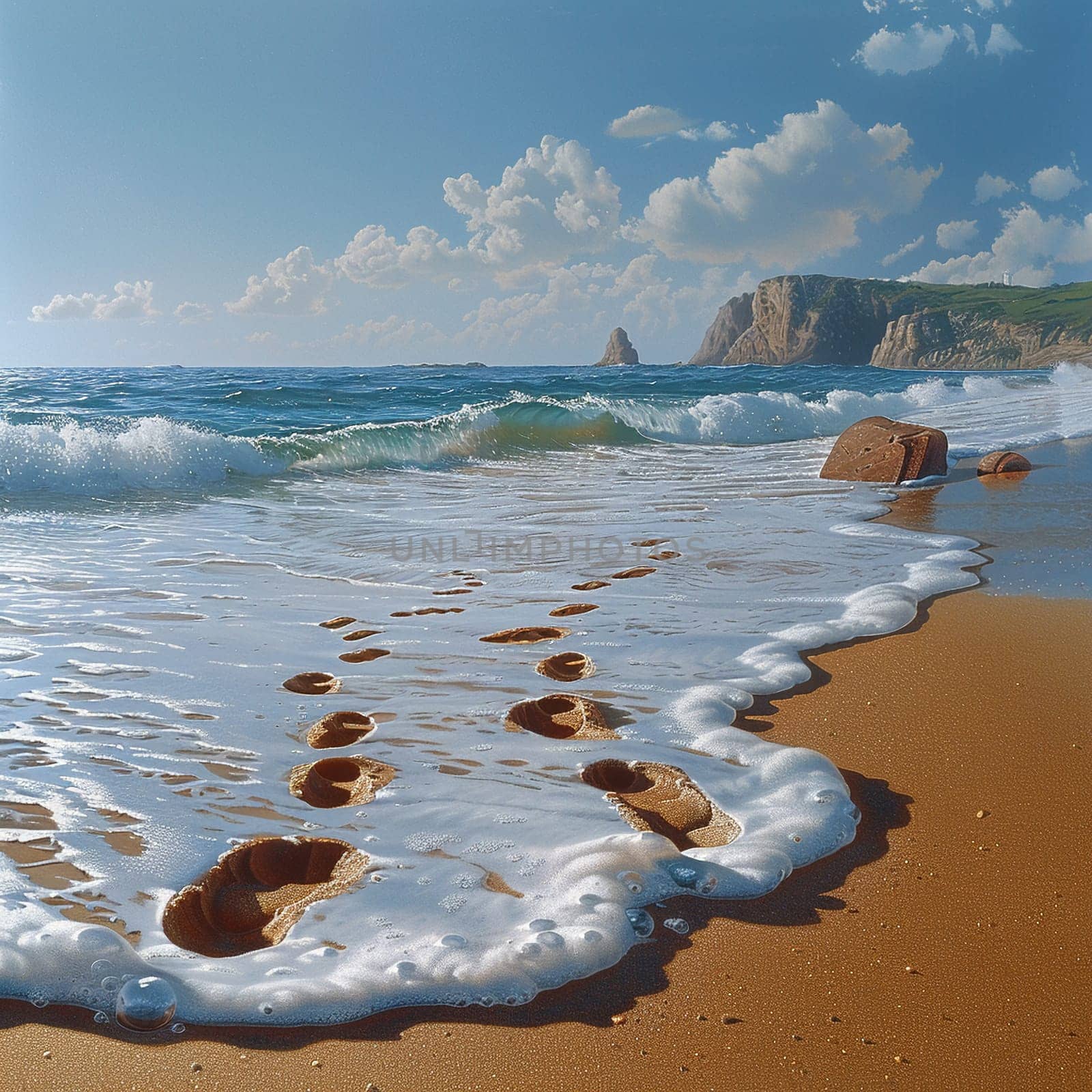 Gentle footprints in the sand leading towards the ocean, symbolizing journey and exploration.