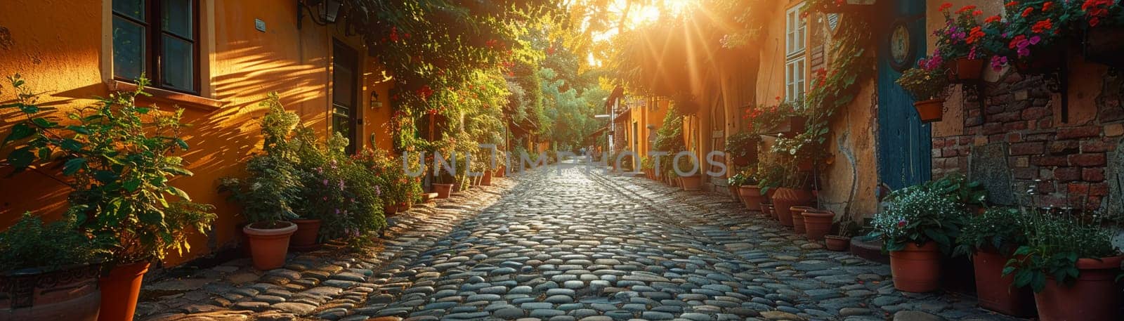 A cobblestone alleyway in an old European town by Benzoix