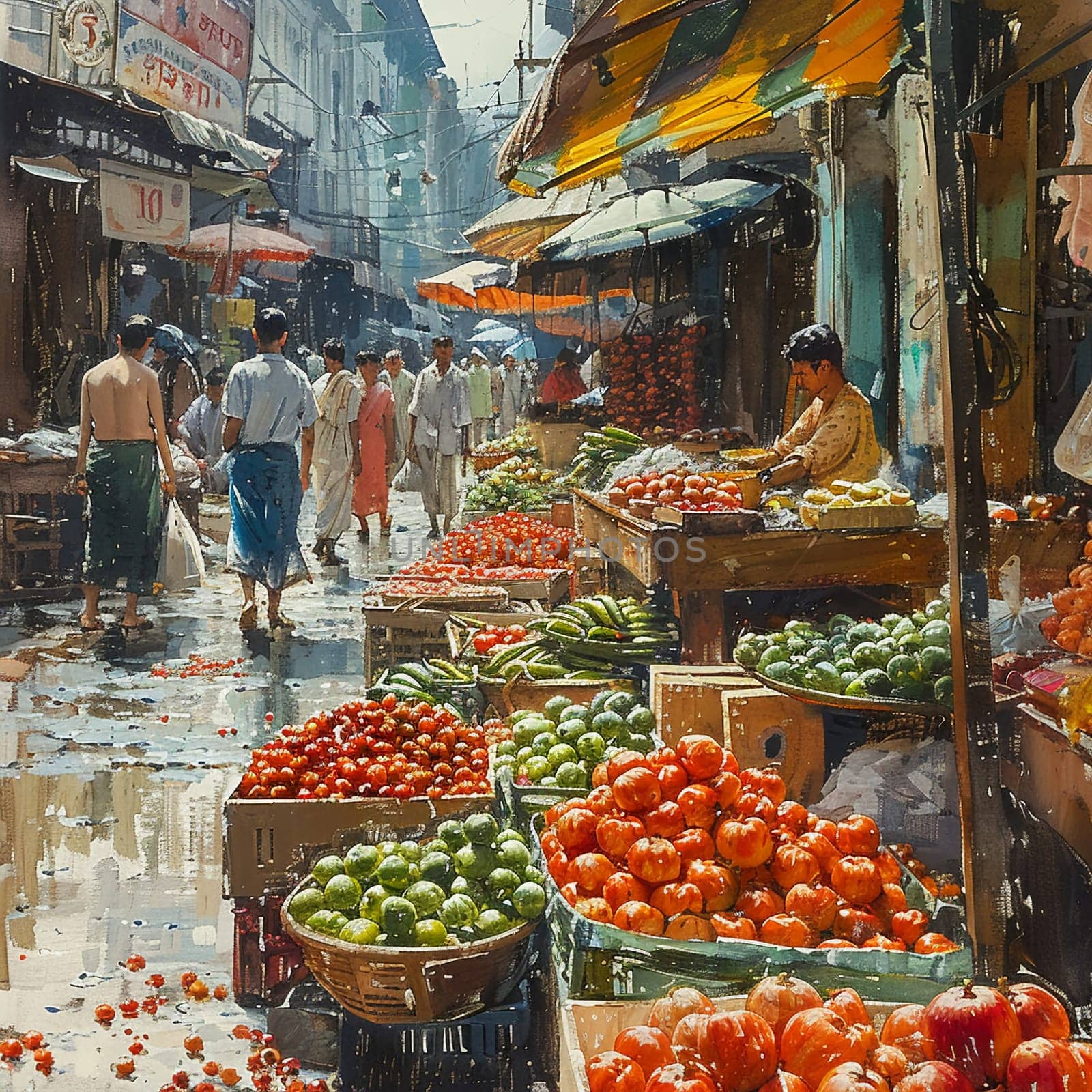 The vibrant hustle of a street market, captured in the colors and textures of goods.