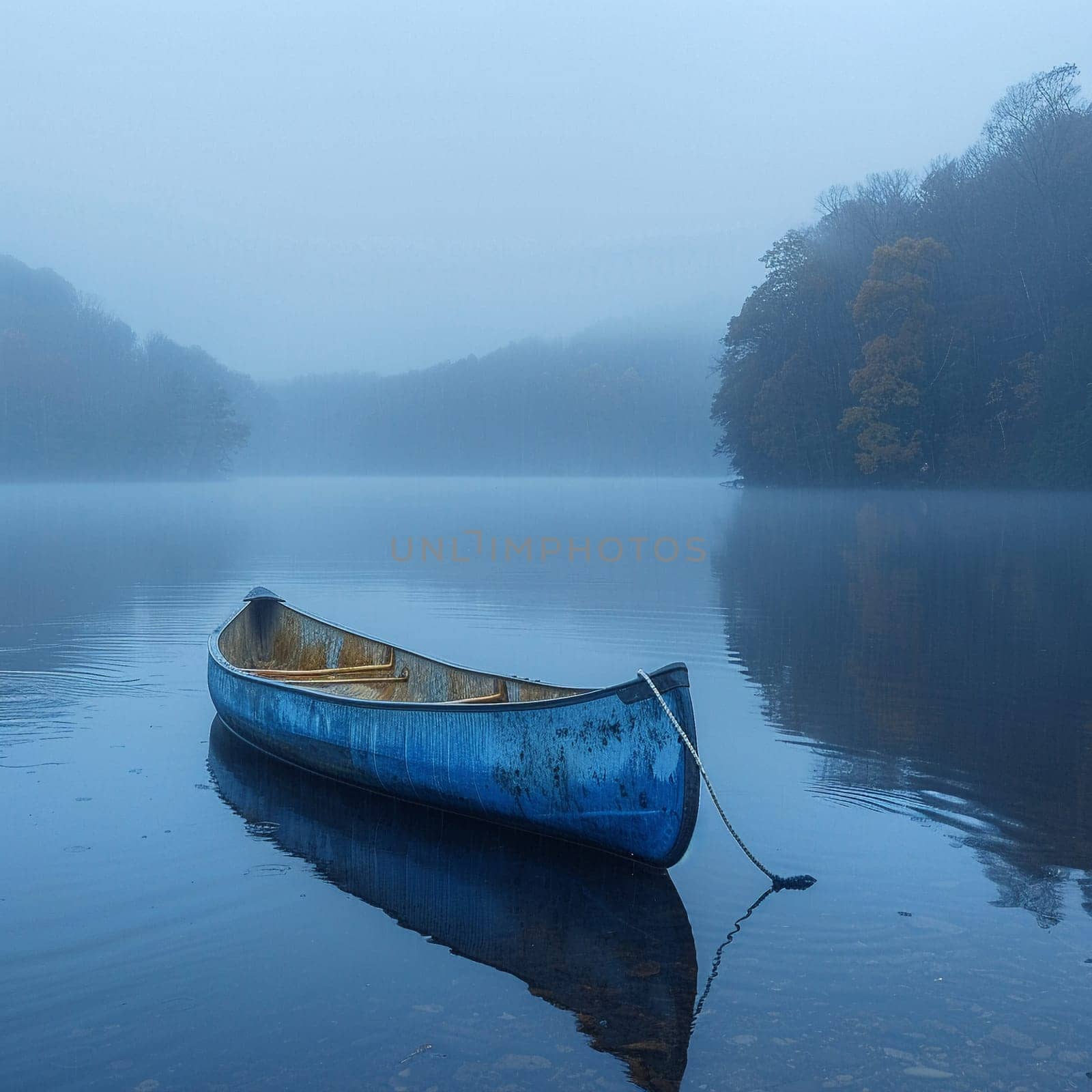 The peaceful solitude of a canoe on a misty lake at dawn, symbolizing tranquility and reflection.