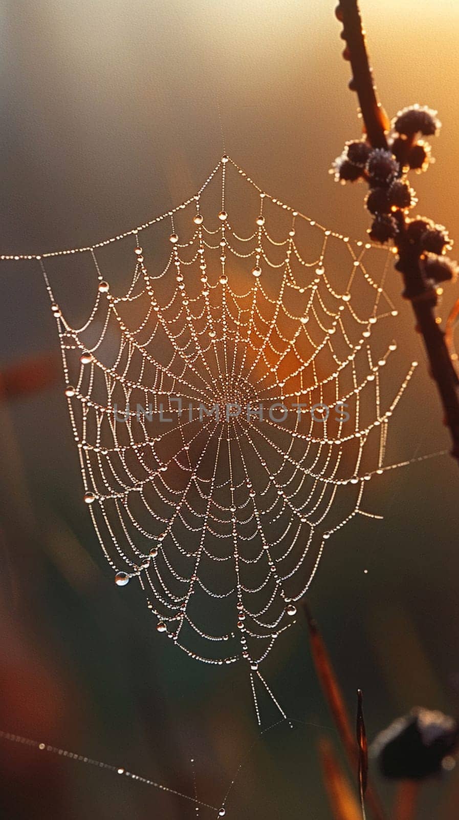 A dew-covered spider web in the early morning light, symbolizing the interconnectedness of life.