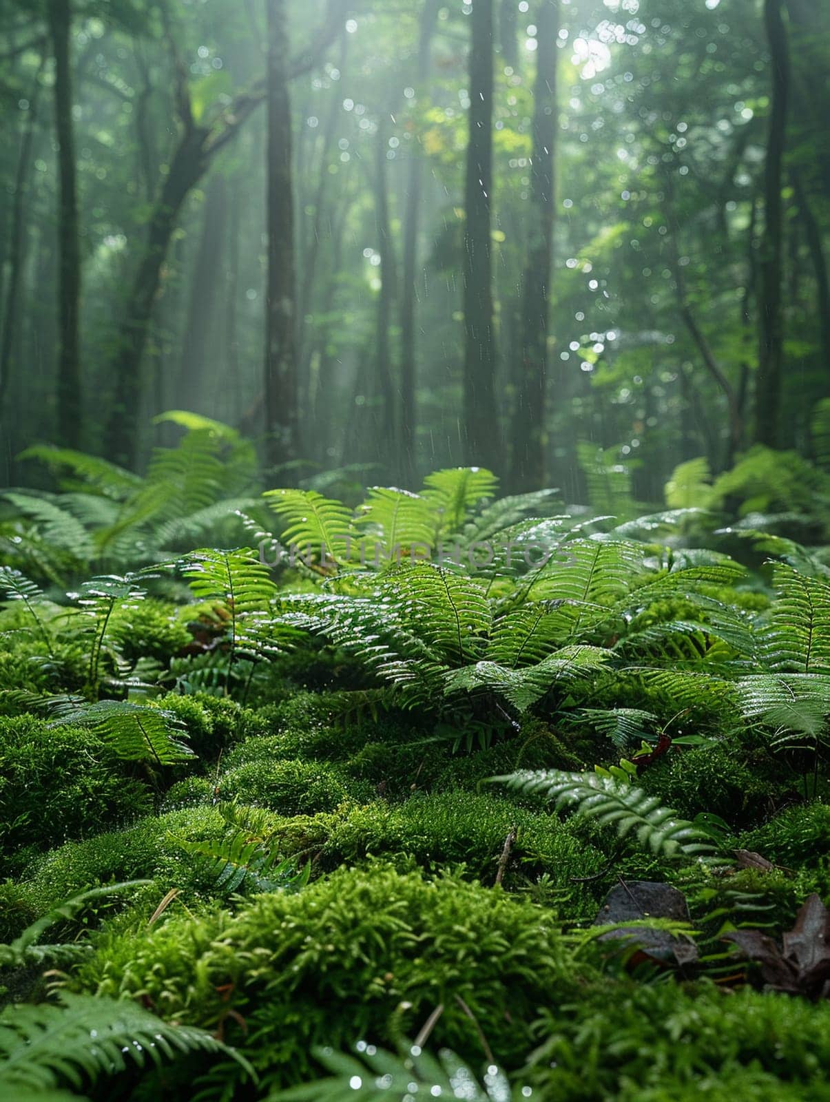 Close-up of moss and ferns in a dense forest, illustrating lush greenery and growth.