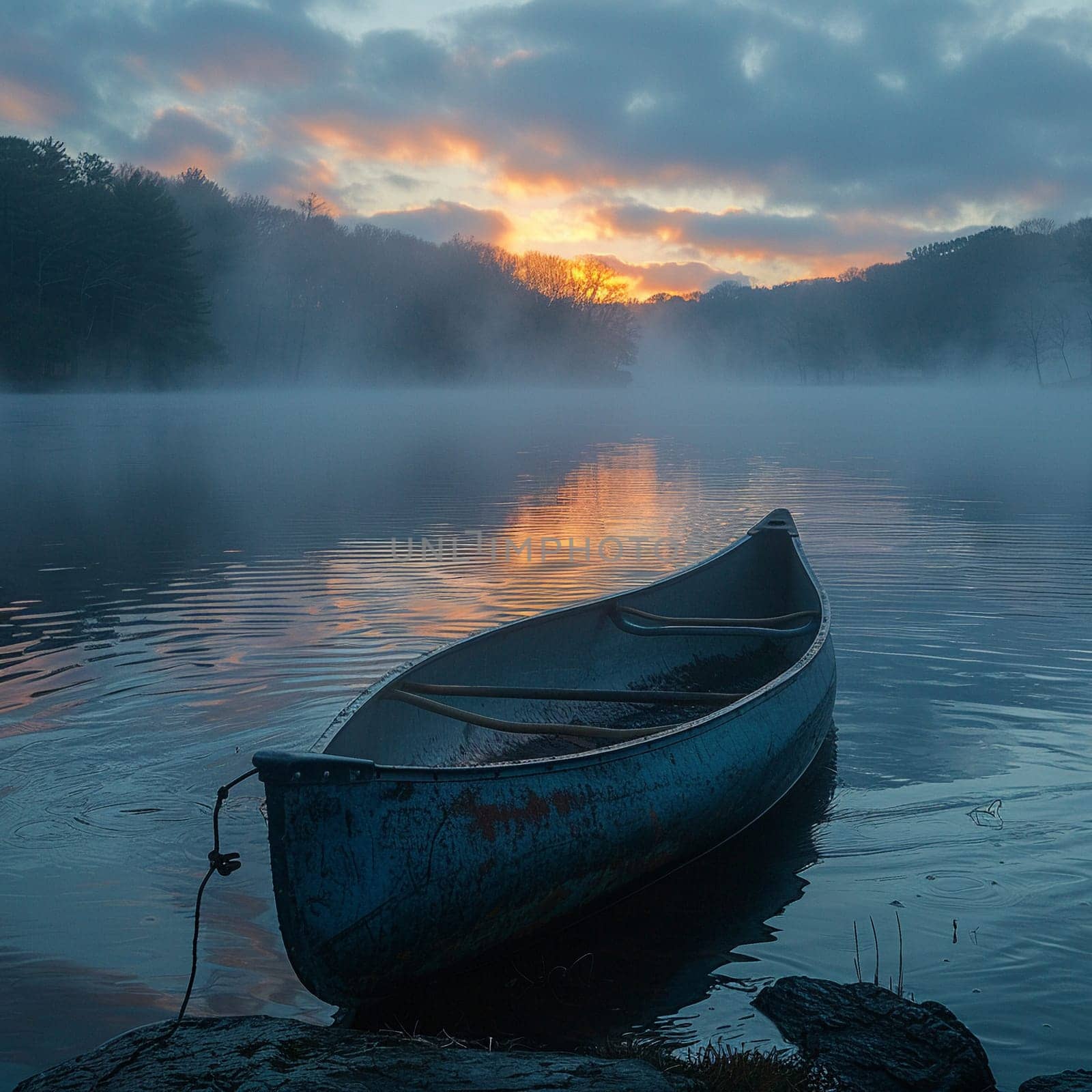 The peaceful solitude of a canoe on a misty lake at dawn, symbolizing tranquility and reflection.