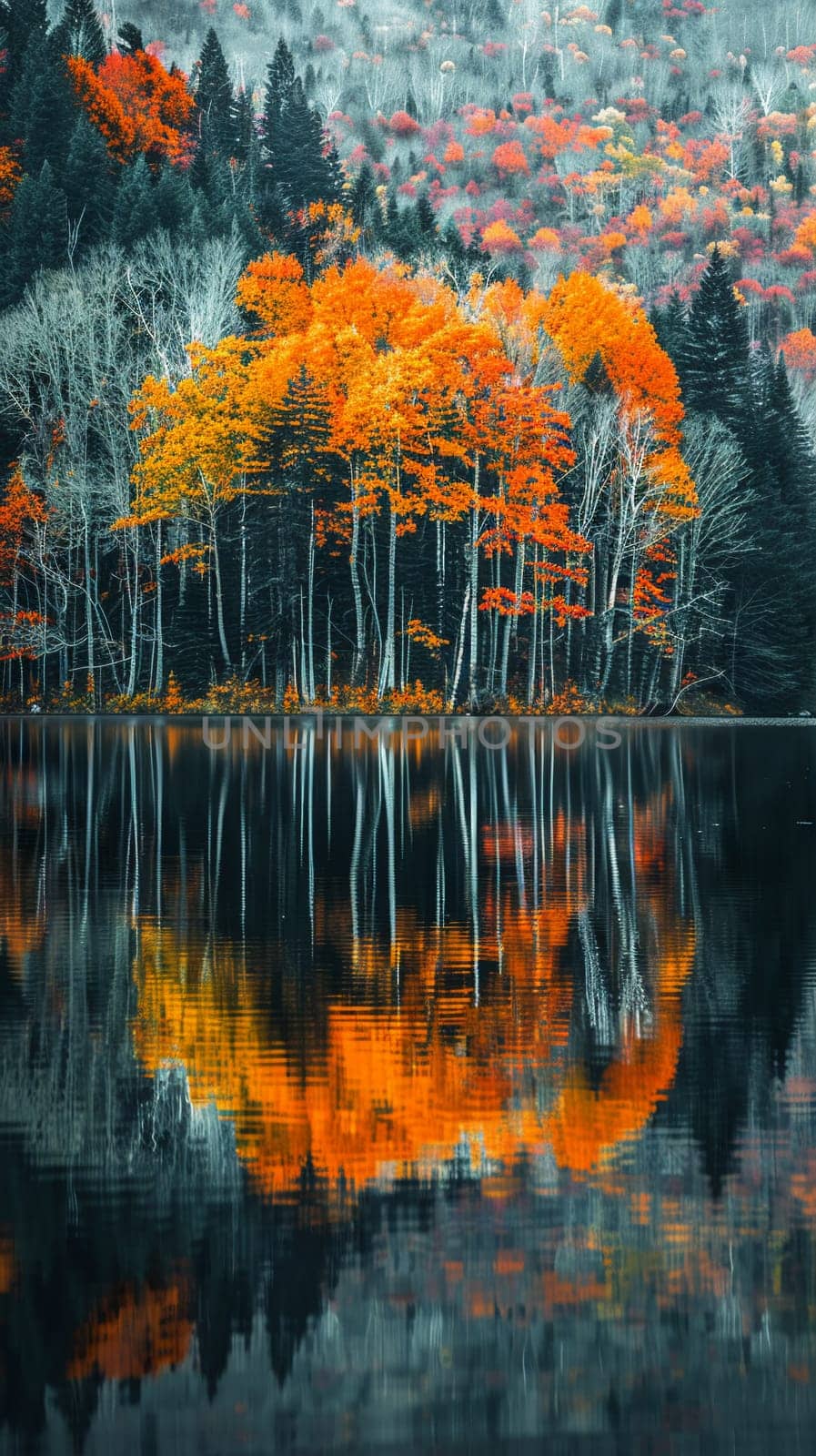Vivid autumn colors reflected in a still lake, showcasing seasonal change.