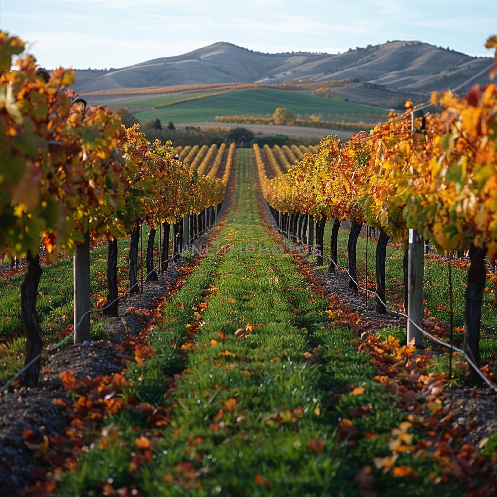 Ripened vineyard rows at harvest, ideal for wine and agricultural themes.