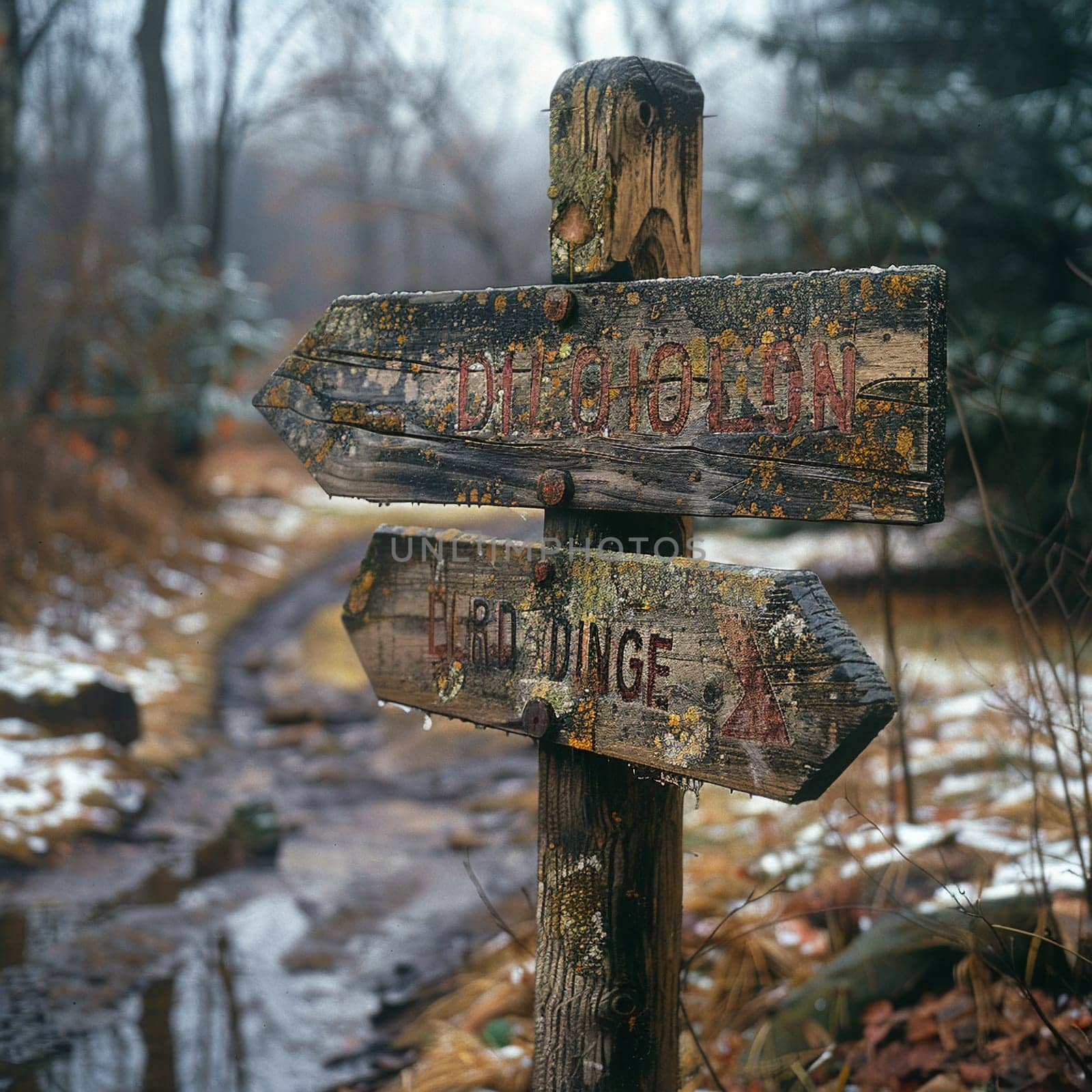 A weathered wooden signpost in a rural setting pointing in multiple directions by Benzoix