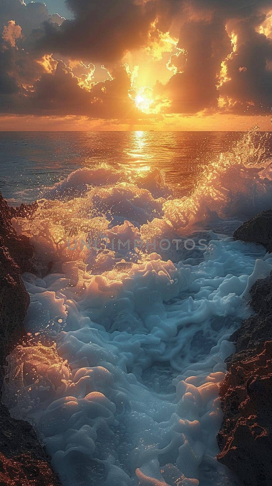 Waves crashing against rocky shore at sunrise, capturing power and natural beauty.