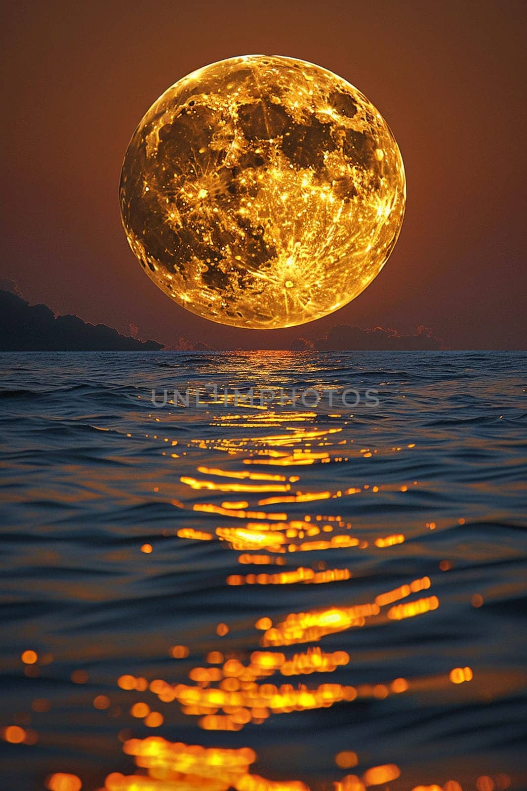 A full moon rising over a tranquil sea, evoking mystery and the beauty of the night.