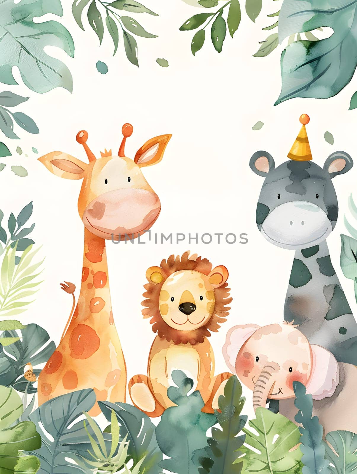 A giraffe, lion, and elephant sit happily among the jungle plants by Nadtochiy