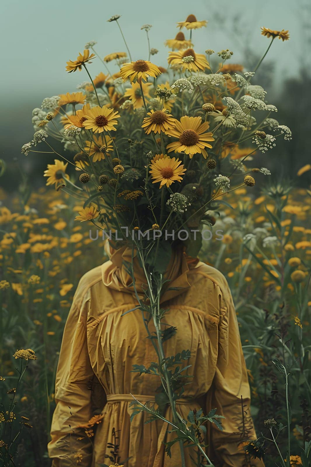 A woman in a sunny yellow dress balances a bouquet of matching yellow flowers on her head, creating a harmonious display of nature and art in a grassy landscape