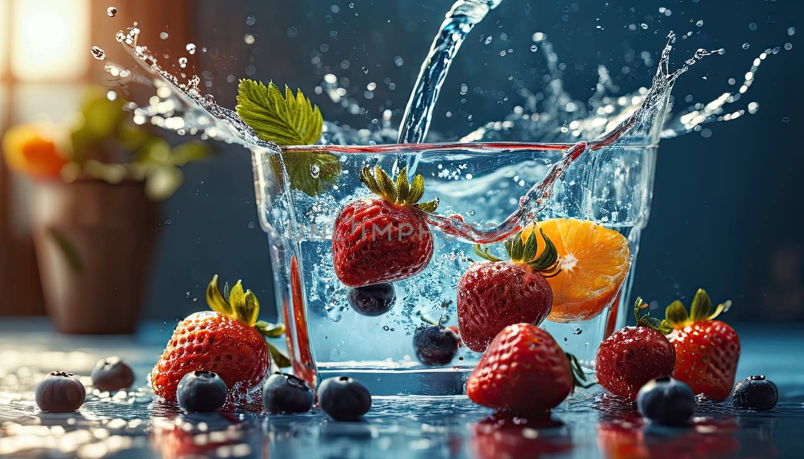 berries in water splash. Strawberries, oranges, blueberries in glass of fruit-infused water