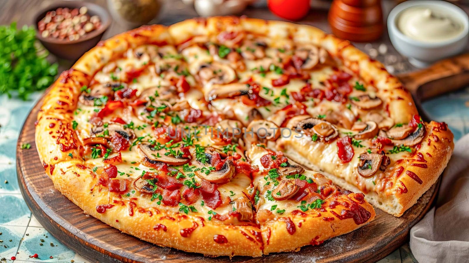 Pizza with wild mushrooms, bacon, cream cheese and stracciatella. by OlgaGubskaya