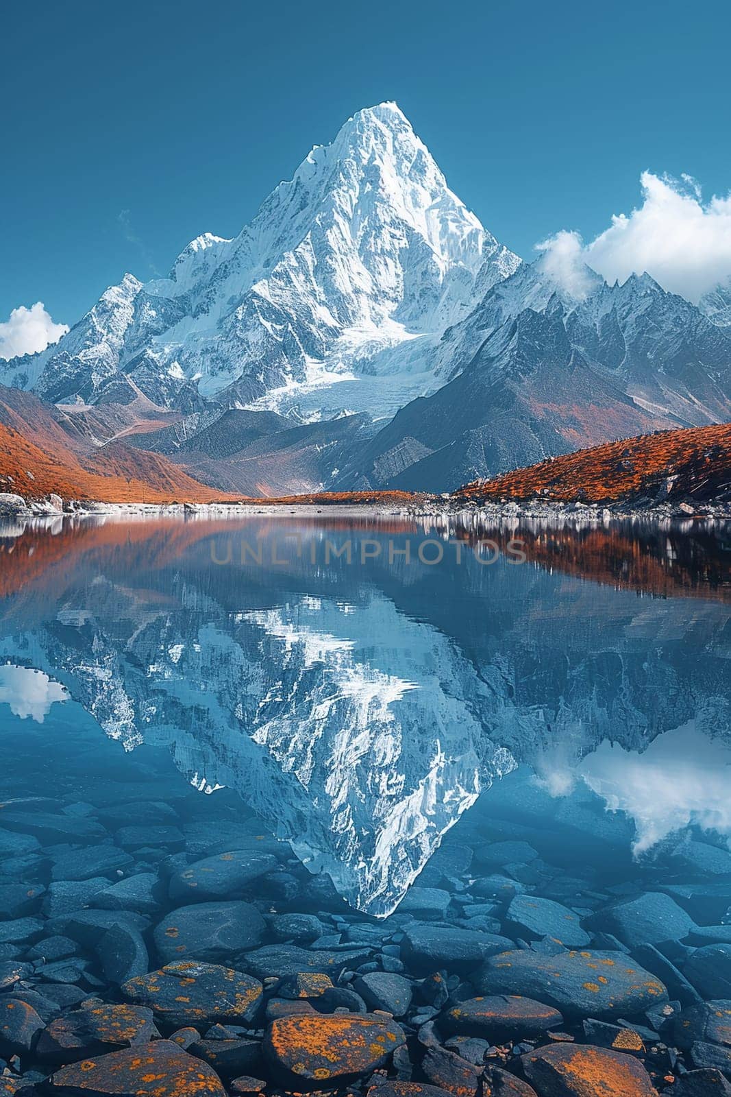 A snow-capped mountain reflected in a crystal-clear lake, symbolizing serene natural beauty.