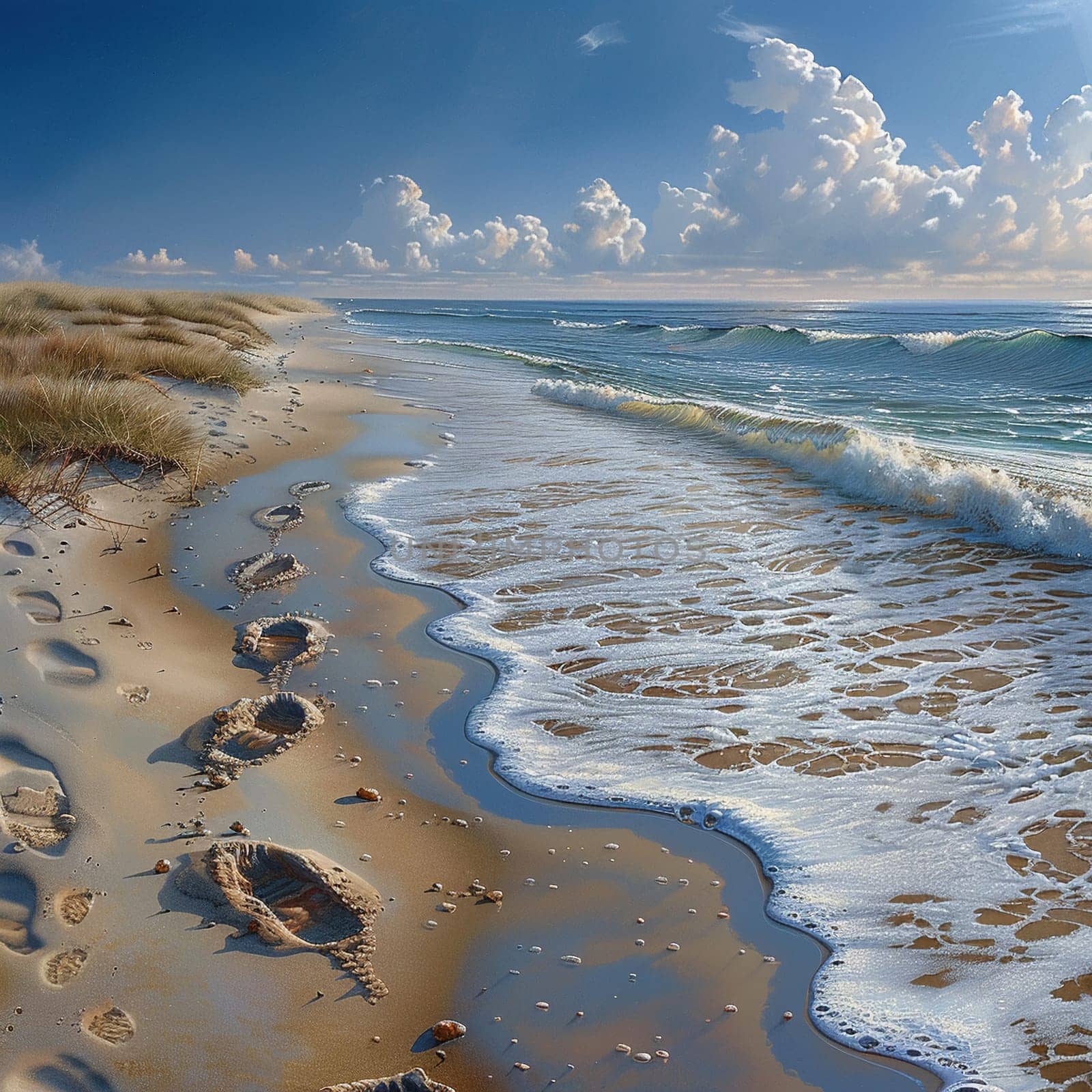 Gentle footprints in the sand leading towards the ocean, symbolizing journey and exploration.