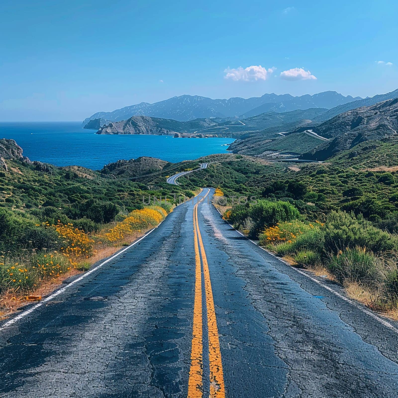 An open road stretching into the horizon flanked by natural scenery by Benzoix