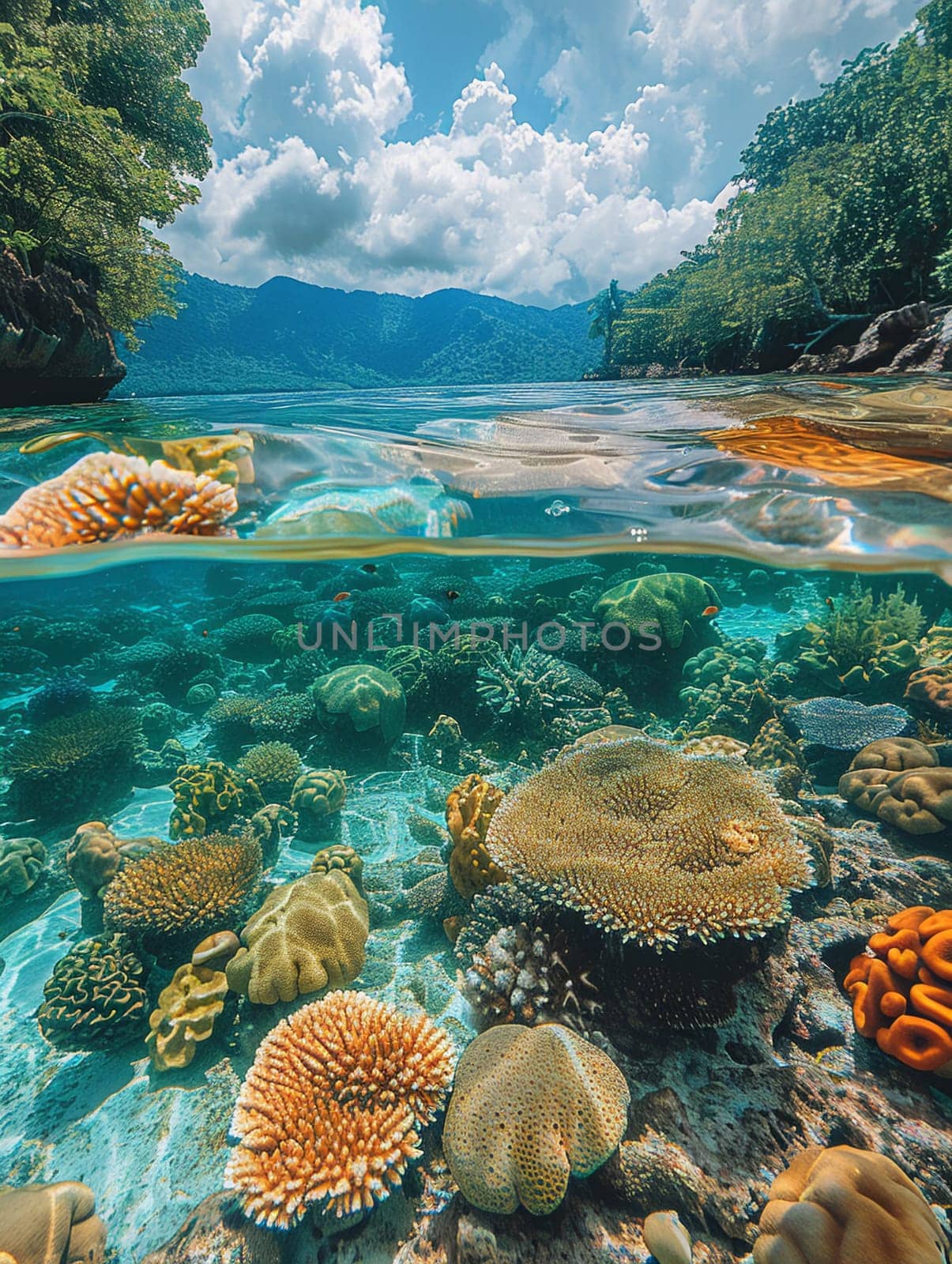 Shallow coral reef with clear water above, capturing tropical marine ecosystems.