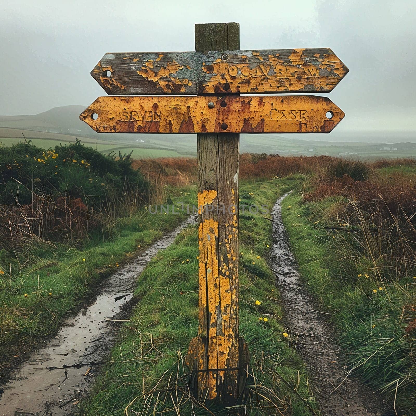 A weathered wooden signpost in a rural setting pointing in multiple directions by Benzoix