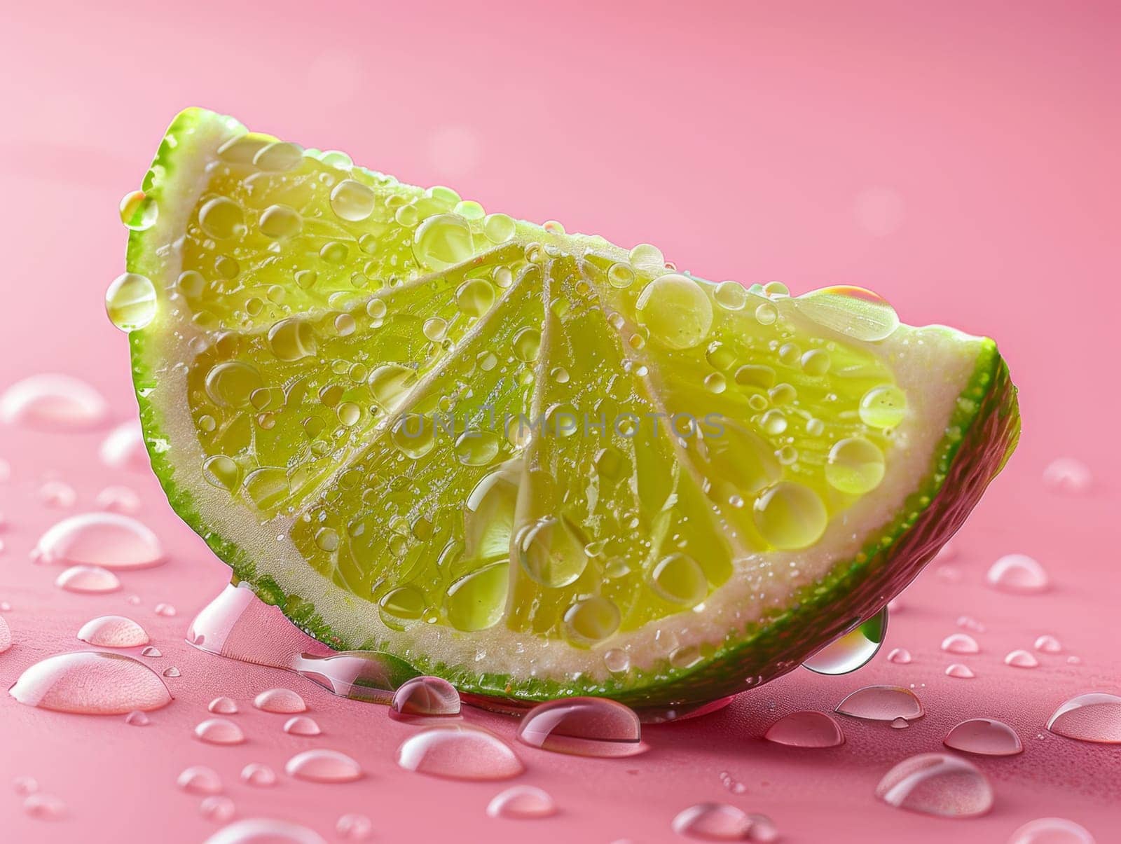 A vibrant green slice of lime delicately balanced on a soft pink surface, creating a contrasting and visually appealing scene.