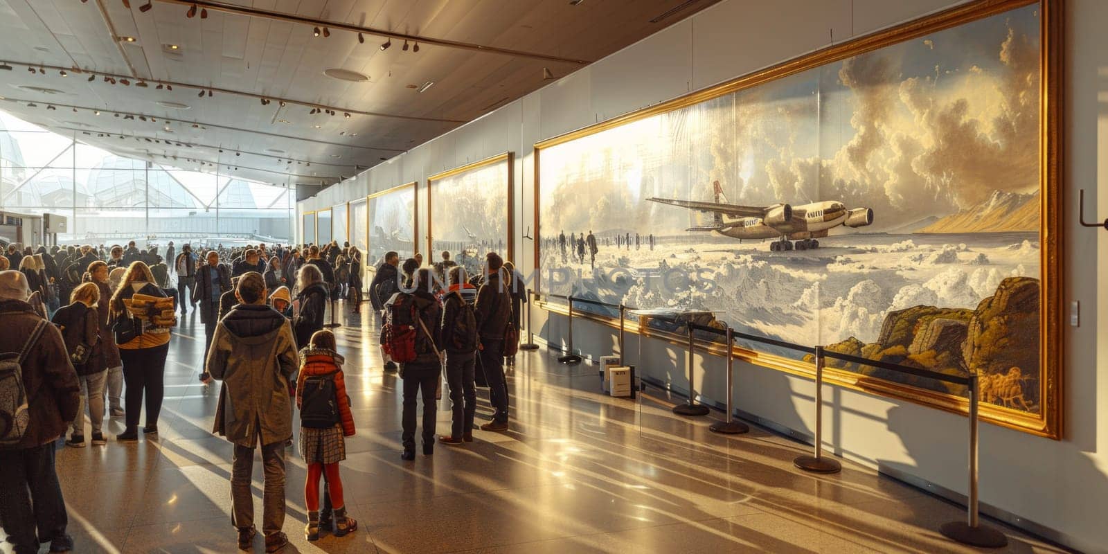 A group of individuals standing in front of a large painting at an airport, examining and discussing the artwork.