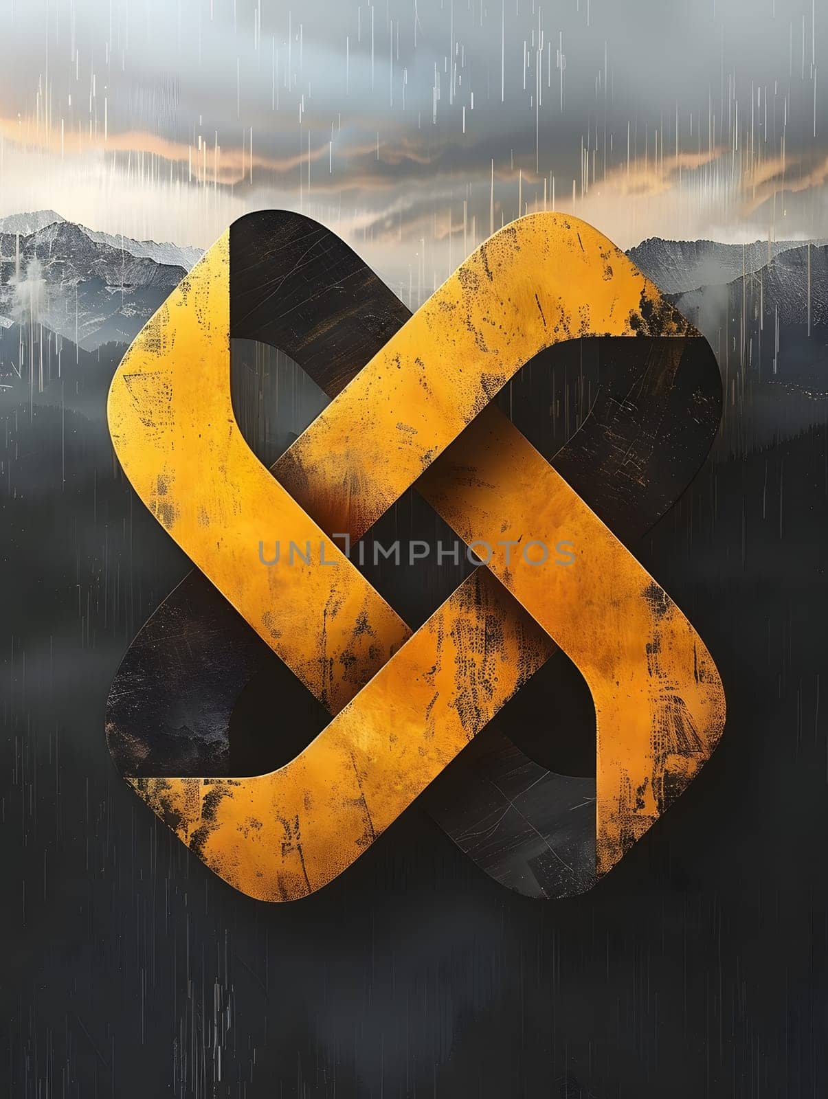 A yellow and black symbol featuring mountains in a natural landscape by Nadtochiy