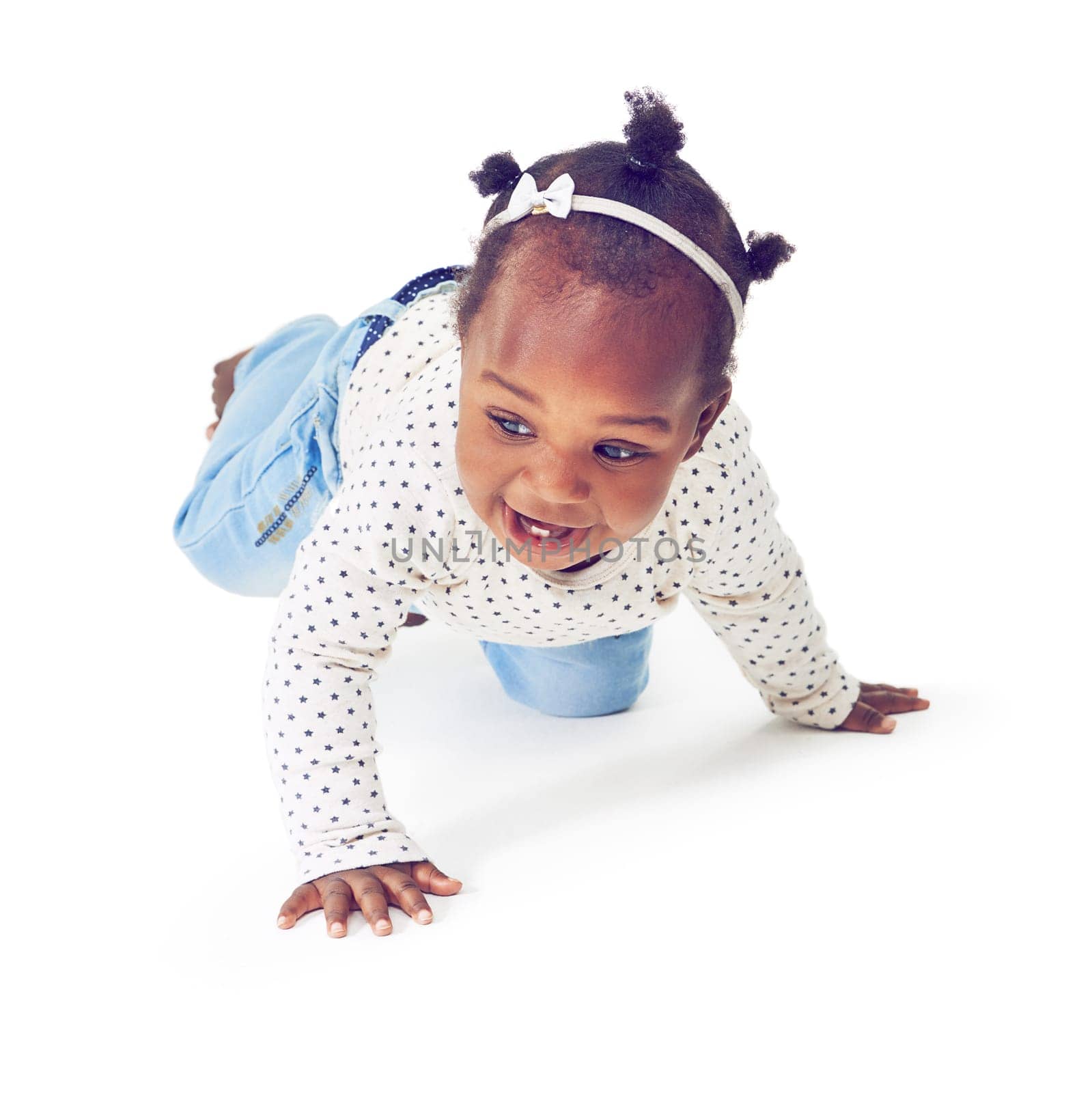 Baby, girl or laugh by crawling, play or thinking of learning, growth on mock up on white background. Black toddler, crawl or step to imagine, explore or motor skill development on mobility milestone.